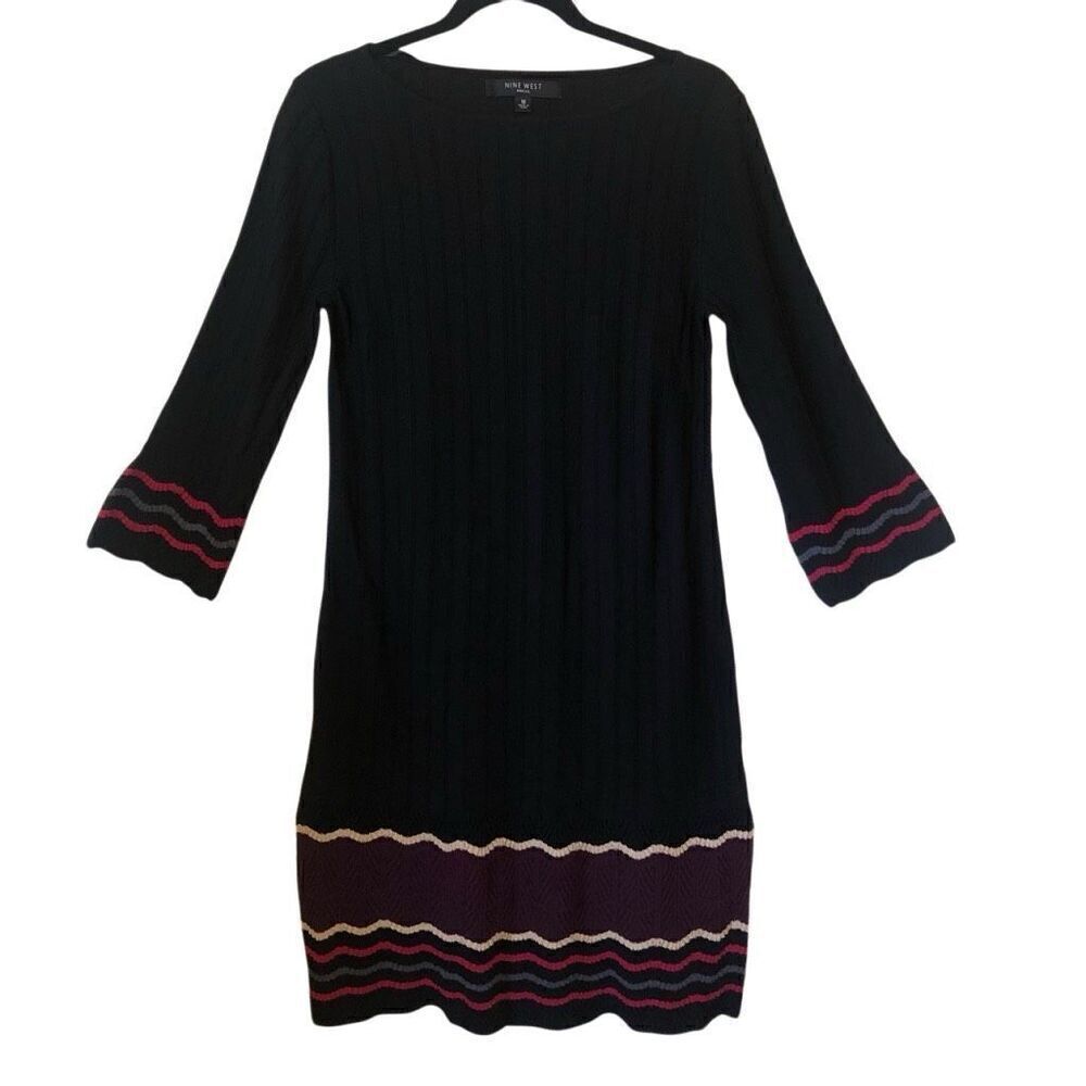 NEW Nine West Black Ribbed Knit Dark Academia, Retro Sweater Dress‎ Size M